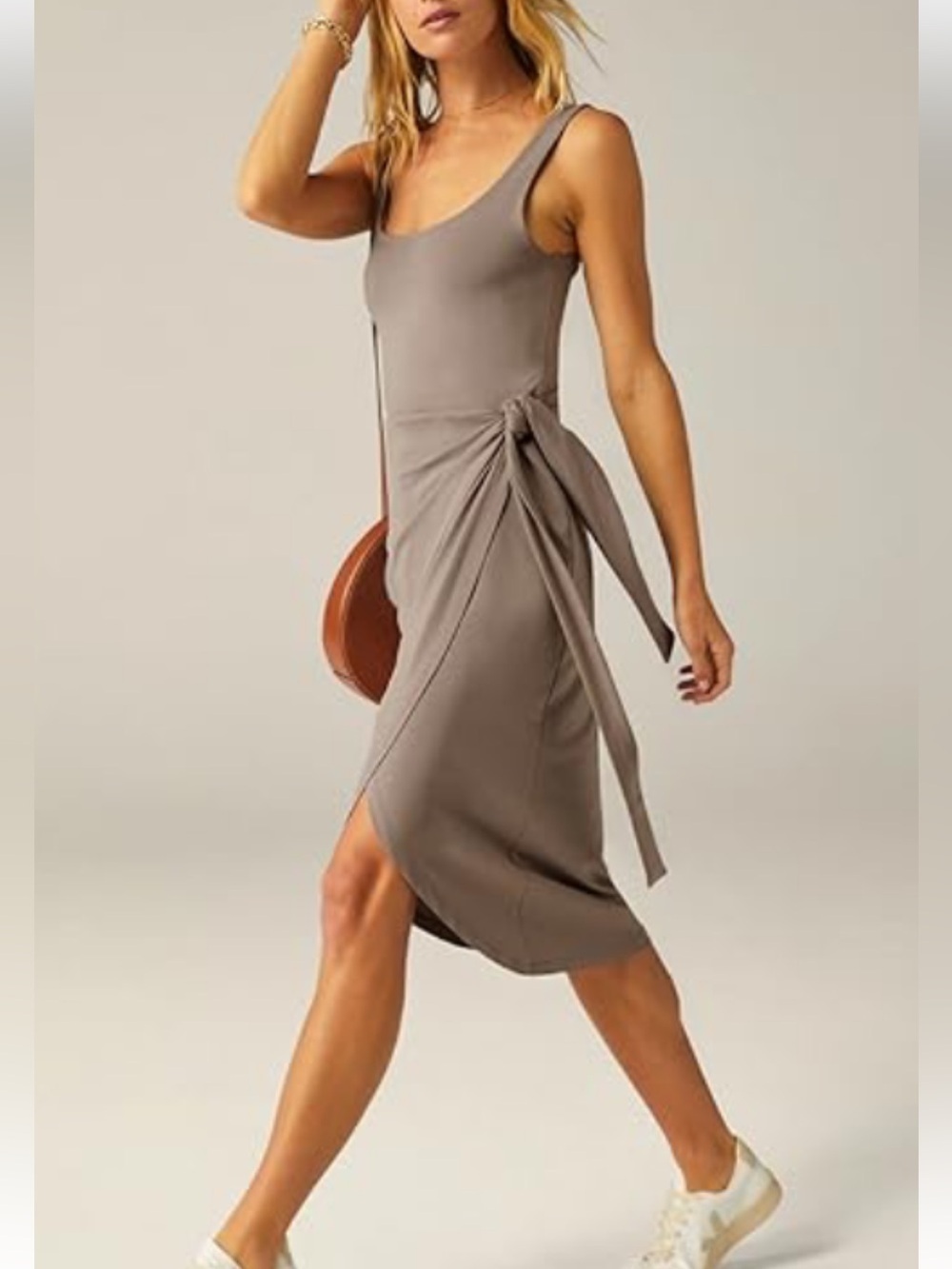 Beyond Yoga Intrigue Midi Dress Birch Taupe XS Tie-Waist Wrap Jersey Knit NWOT
